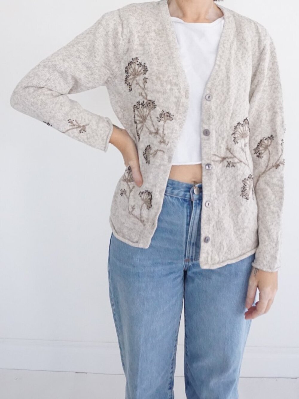 Coldwater Creek Cream Floral Embroidered Button Cardigan Cotton Blend Knit M
